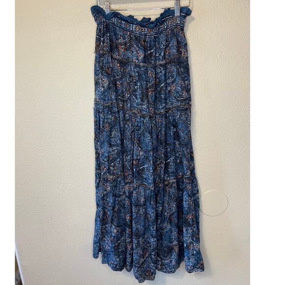 Free People Boho Cottage Core Blue Printed Tiered Linen Blend Maxi Skirt Small - Picture 1 of 16